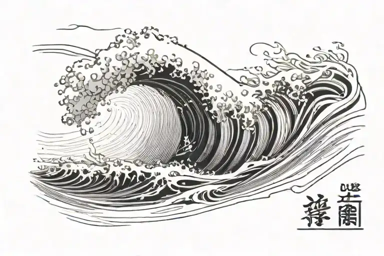 minimalistic (fine line) wave and a silhouette like surfer surfing the wave, all the tattoo should be a couple of lines tattoo design idea