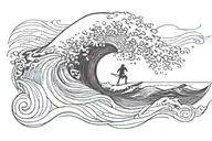 minimalistic (fine line) wave and a siluet like surfer surfing the wave, not too many details, just couple of lines tattoo design idea