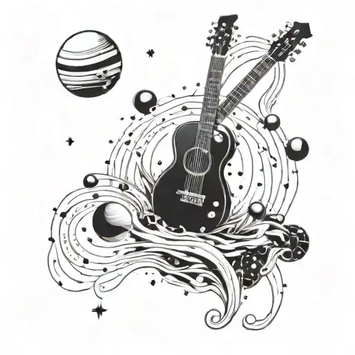 A cosmic guitar with planets and stars as the strings tattoo design idea