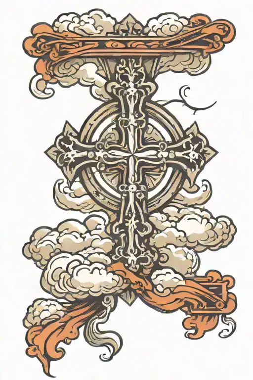 cross and clouds surrounding with halo  tattoo design idea