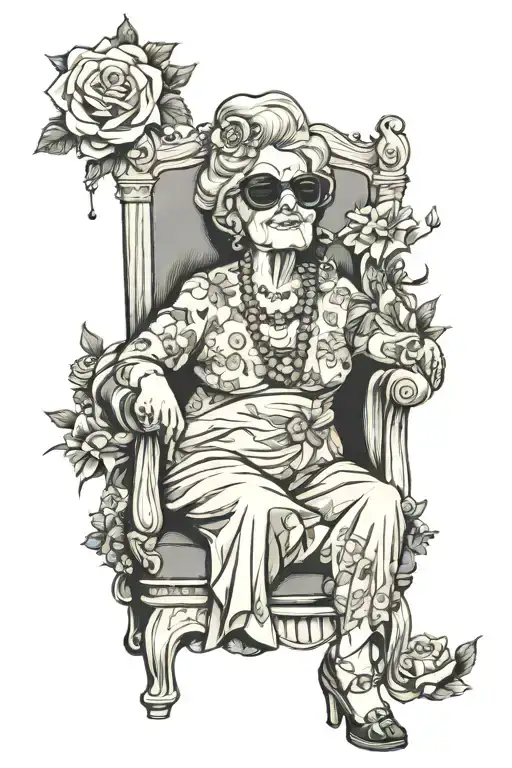 american traditional design of a plump old lady sitting down in a chair with sunglasses on. flower accents tattoo design idea