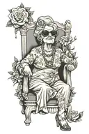 american traditional design of a plump old lady sitting down in a chair with sunglasses on. flower accents tattoo design idea