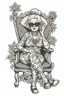 american traditional design of a plump old lady sitting down in a chair with sunglasses on. flower accents tattoo design idea