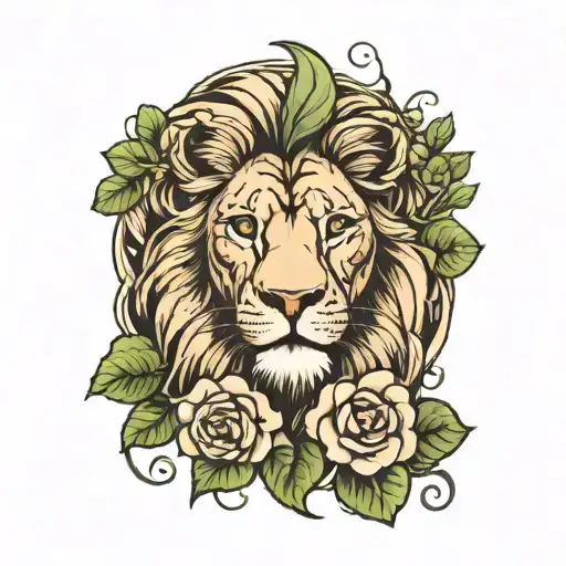 lion, four leaf clover garnish and roses intertwined tattoo design idea