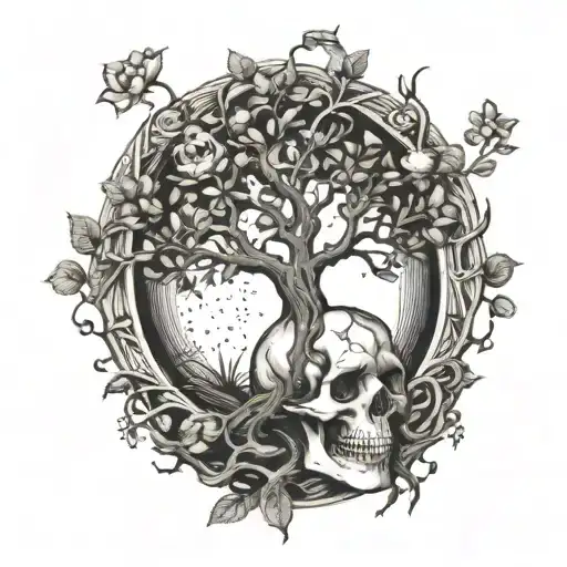tree of life growing from the fountain of youth with a skull formed in the branches  tattoo design idea