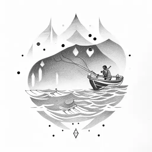 the shadow of a fisherman and in the background an aurora borealis tattoo design idea