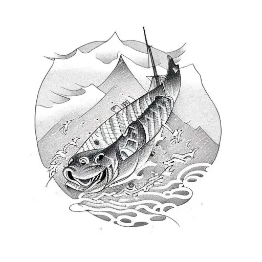 the shadow of a fisherman and in the background an aurora borealis tattoo design idea