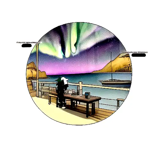 the shadow of a fisherman and in the background an aurora borealis tattoo design idea