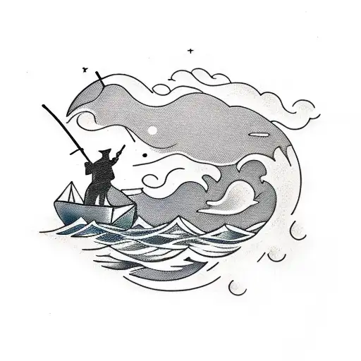 the shadow of a fisherman and in the background an aurora borealis tattoo design idea