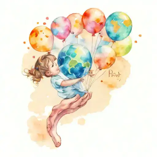 a child holding planets like helium balloons in space tattoo design idea