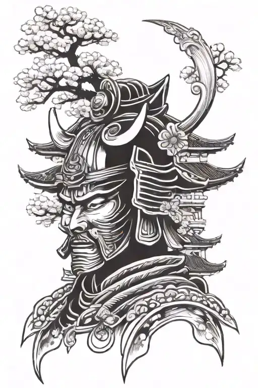 Samurai head with helmet, japanese temple, wave, sakura tattoo design idea
