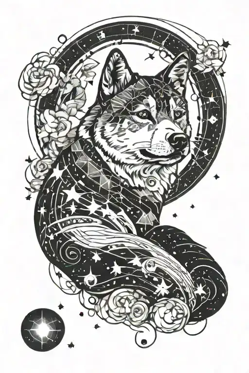akita inu, universe, stars, galaxies, black holes, mathematical equations, gravitational waves, atoms, cells tattoo design idea