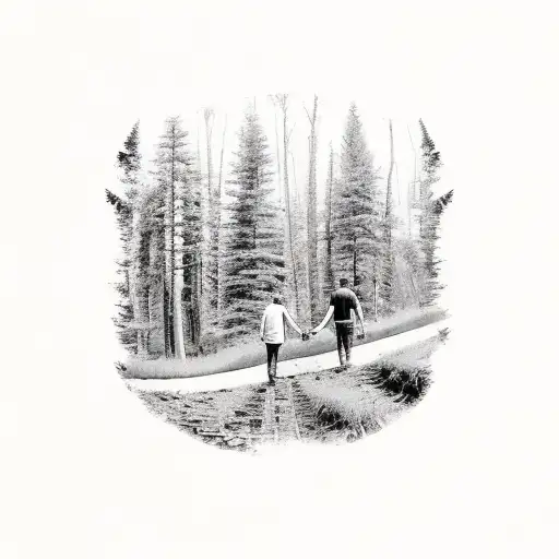 Two brothers holding hands on a pathway with a forest background tattoo design idea