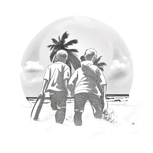 Two brothers walking holding hands and one holding a soccer ball with a beach background with palm trees tattoo design idea