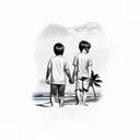 Two brothers holding hands on a beach with palm trees in the background tattoo design idea