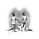 Two brothers holding hands on a beach with palm trees in the background tattoo design idea