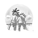 Two brothers walking holding hands and one holding a soccer ball with a beach background with palm trees tattoo design idea