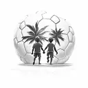 Two brothers walking holding hands and one holding a soccer ball with a beach background with palm trees tattoo design idea