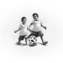Two brothers walking holding hands and one holding a soccer ball with a beach background with palm trees tattoo design idea
