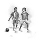 Two brothers walking holding hands and one holding a soccer ball with a beach background with palm trees tattoo design idea