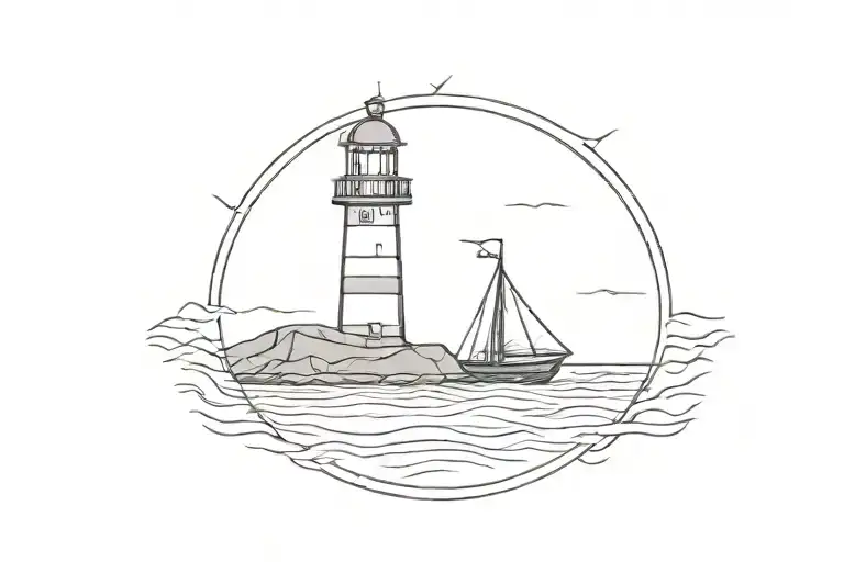 a simple lighthouse guiding a sailing ship tattoo design idea