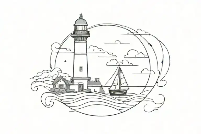 a simple lighthouse guiding a sailing ship tattoo design idea