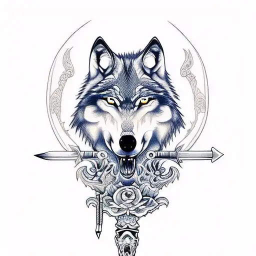wolf and skull with sword tattoo design idea