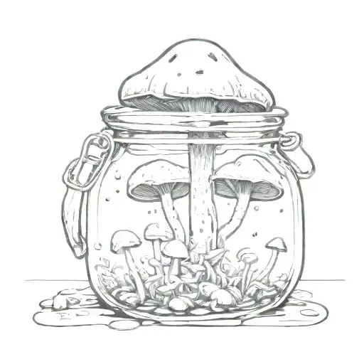 Black Ink Cap mushroom dripping inside a jar. tattoo design idea