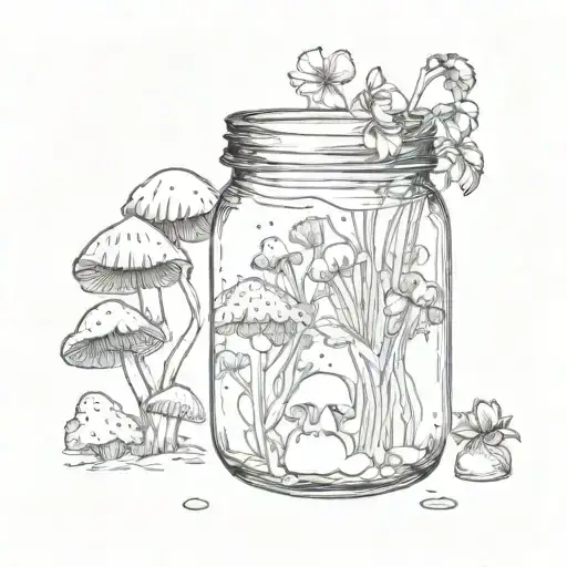 Black Ink Cap mushroom dripping inside a jar. On the outside of the jar are chrysanthemums tattoo design idea