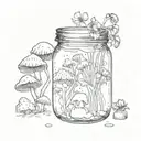Black Ink Cap mushroom dripping inside a jar. On the outside of the jar are chrysanthemums tattoo design idea