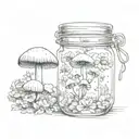 Black Ink Cap mushroom dripping inside a jar. On the outside of the jar are chrysanthemums tattoo design idea