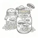 Black Ink Cap mushroom dripping inside a jar. On the outside of the jar are chrysanthemums tattoo design idea