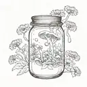 Black Ink Cap mushroom dripping inside a jar. On the outside of the jar are chrysanthemums tattoo design idea