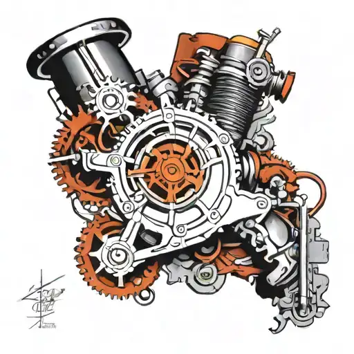 a sleeve tattoo consisting of different engine parts. it will have a turbo, a line of pistons that are going up and down tattoo design idea