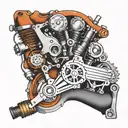 a sleeve tattoo consisting of different engine parts. it will have a turbo, a line of pistons that are going up and down tattoo design idea