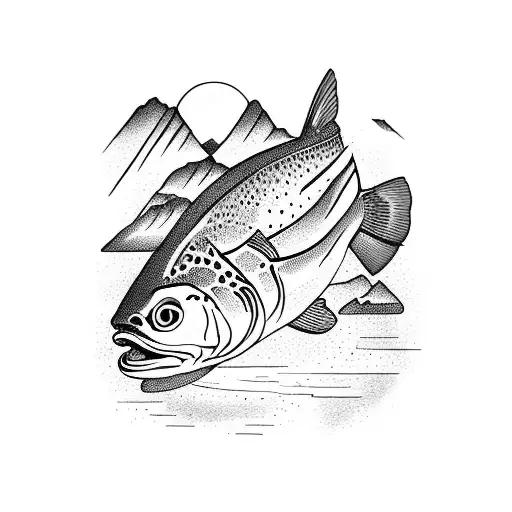 trout with mountains in it tattoo design idea