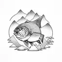 trout with mountains in it tattoo design idea