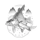 trout with mountains tattoo design idea