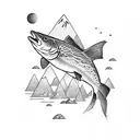trout with mountains tattoo design idea