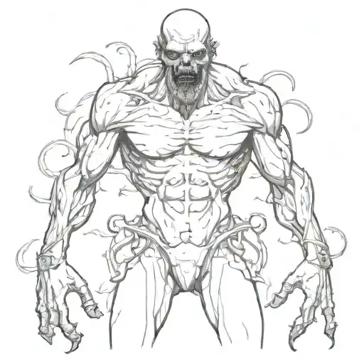 a zombie malnourished from the middle of the stomach up, with six arms tattoo design idea