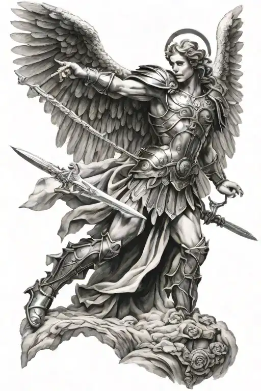 archangel Michael in battle with his sword tattoo tattoo design idea