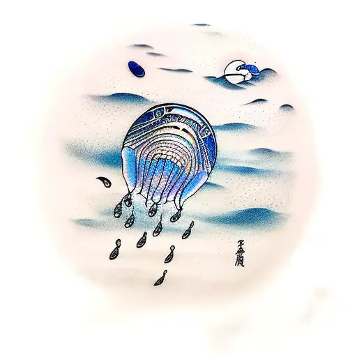 A beach scene with moon jellyfish flying in the sky tattoo design idea