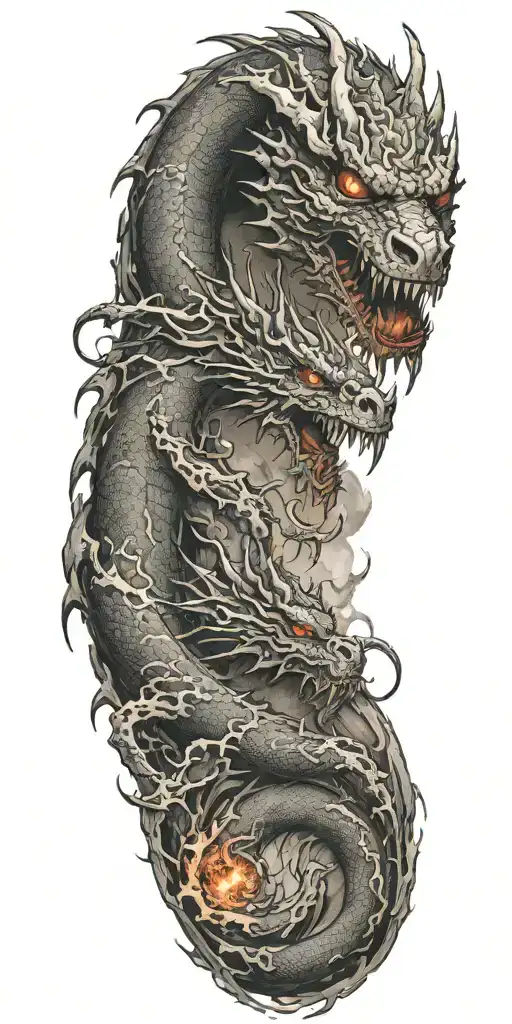 dragon with magma and vulcano mountain storm tattoo design idea