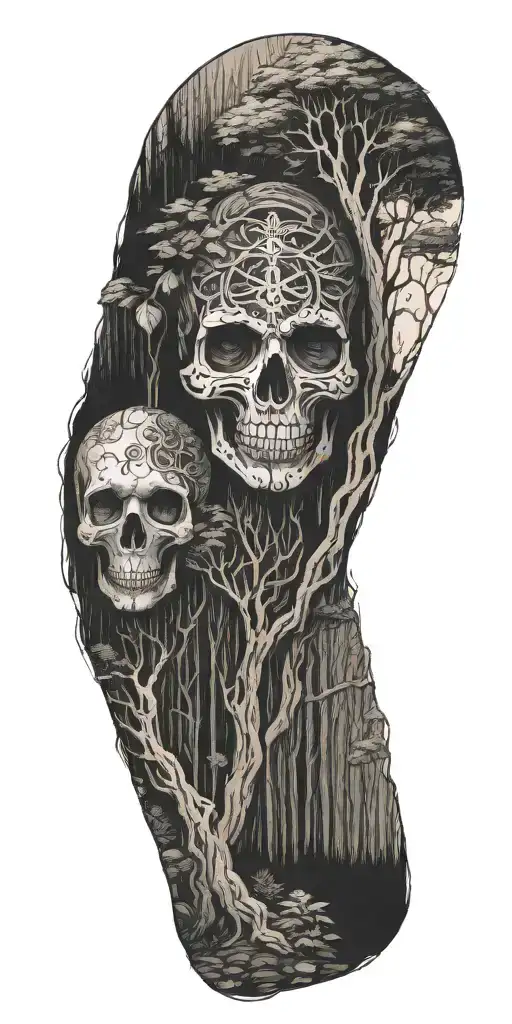 A sketch style tattoo of a forest scene with hidden symbols of muerte and mapuche mythology intertwined within the design tattoo design idea