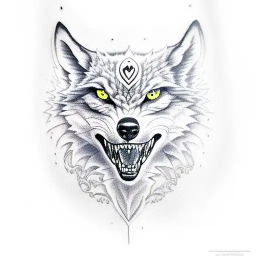 Lone wolf half good half evil with red eye tattoo design idea