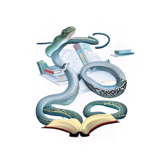 A bookshelf filled with sci-fi novels, with a snake slithering through the books tattoo design idea