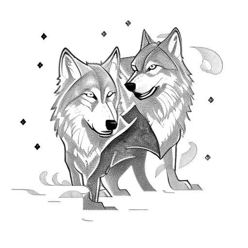 A dark fantasy romance scene with a wolf and a mysterious book tattoo design idea