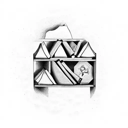 A dotwork tattoo of a bookshelf filled with dark fantasy romance novels, representing the passion for reading tattoo design idea