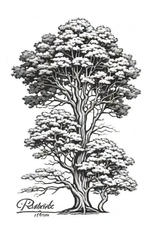 4 trees next to eachother. The 4 tree types are pecan tree, western hemlock, eastern white pine, and a sitka spruce tattoo design idea