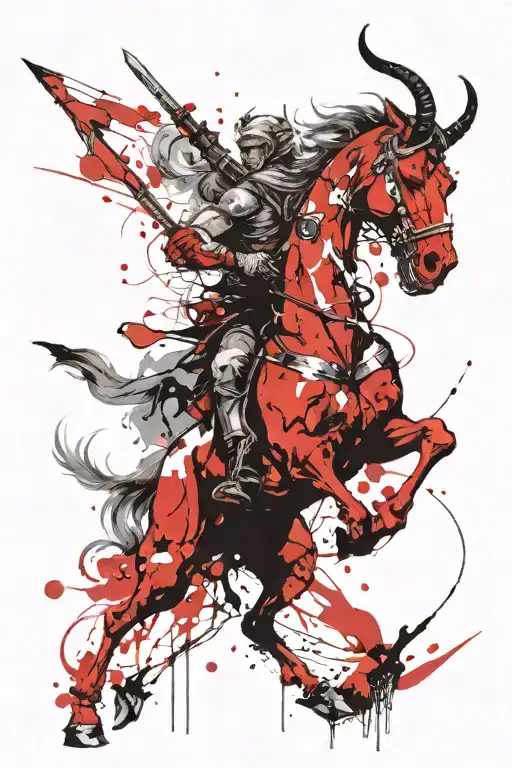 warrior centaur with horns and fangs riding into battle  tattoo design idea